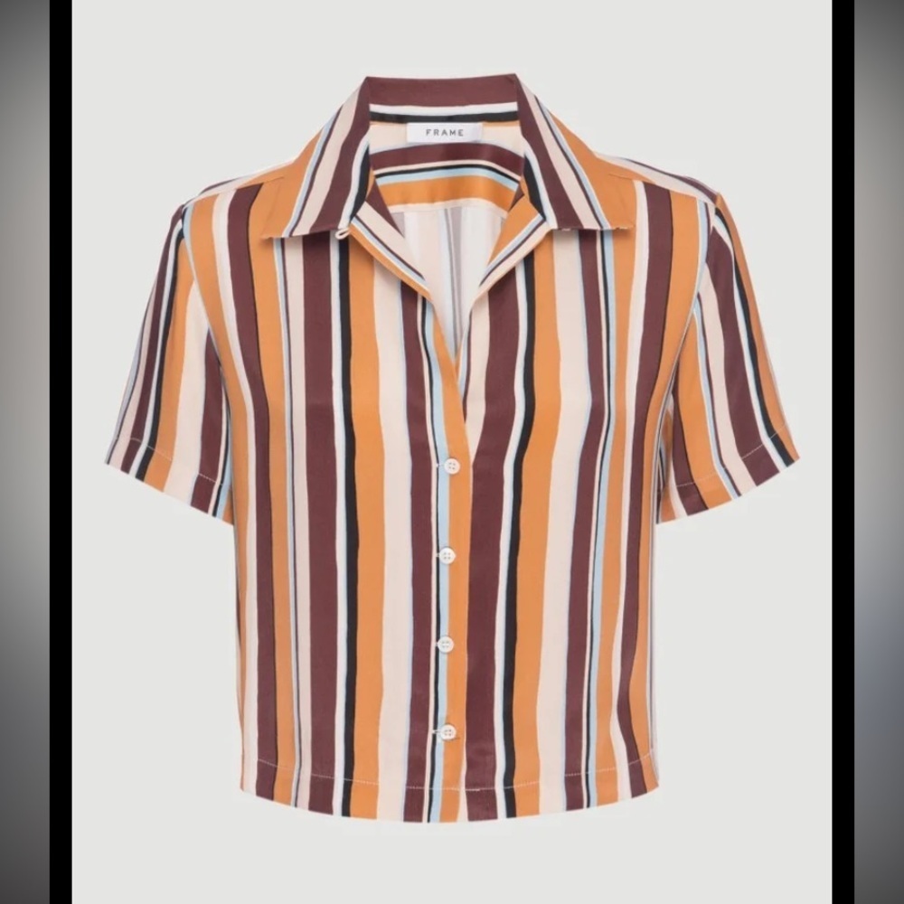 Frame mini short sleeve button up shirt striped blouse satin brown summer $225